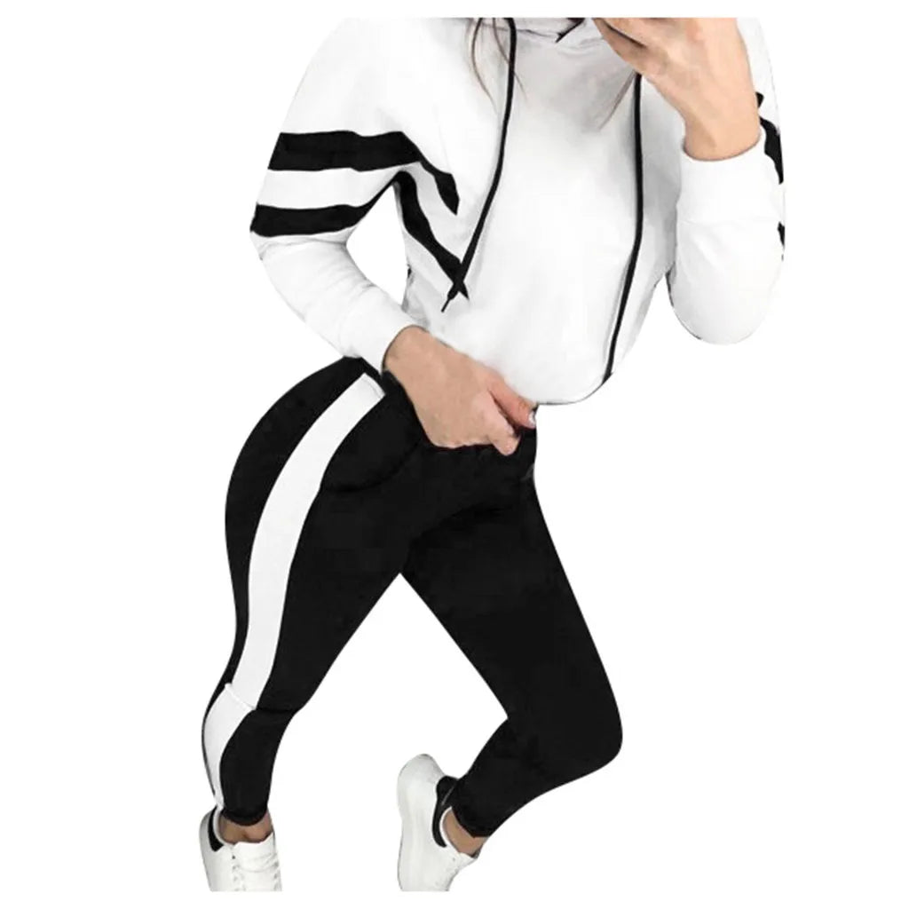 Diagonal Colorblock Drawstring Women's Cropped Zipper Hoodie Jacket + Side Striped Skinny Sweatpants Tracksuit