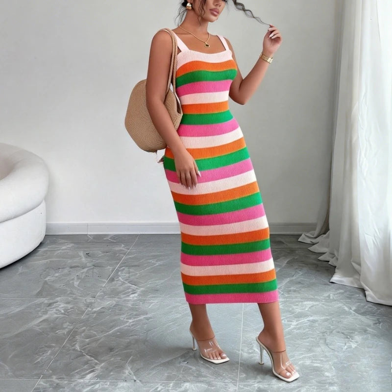 Rainbow Striped Ribbed Sleeveless Knitted Bodycon Maxi Dress