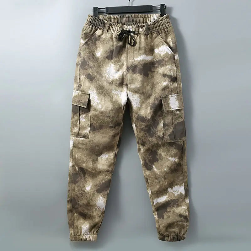 Men's Cotton Camoflauge Tie-Dye O-Neck Multi-Pocket Zipper Utility Jacket + Drawstring Cargo Sweatpants Tracksuit