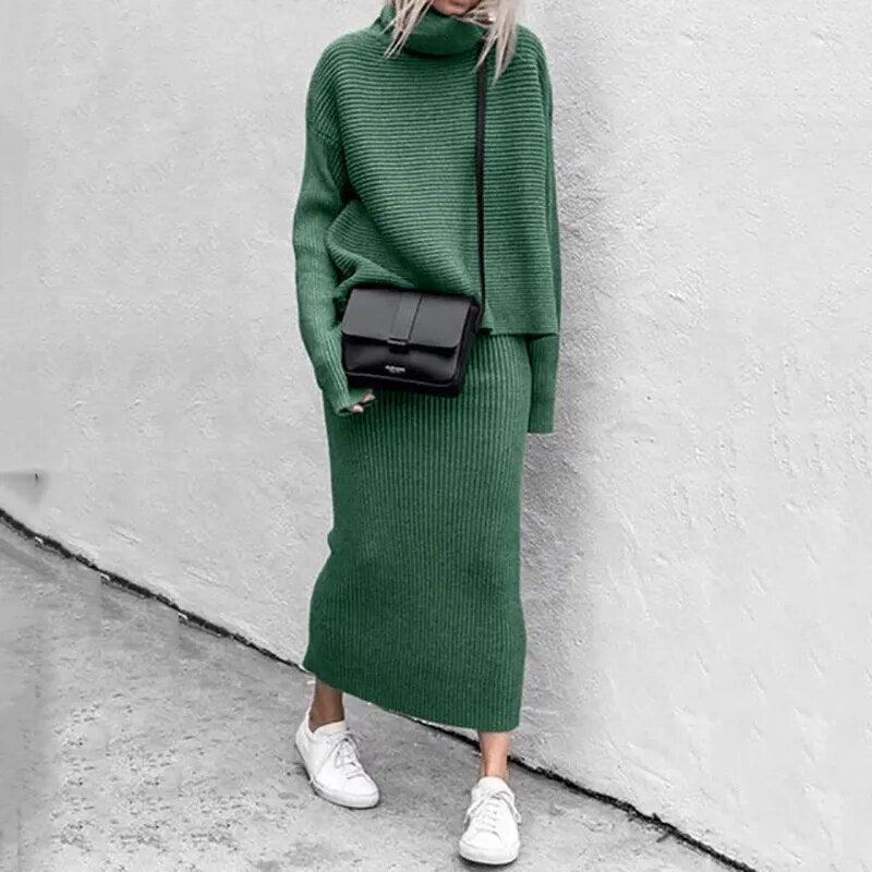 Solid Knitted High Neck Loose Sweater + Matching Knitted Maxi Skirt 2-Piece Set