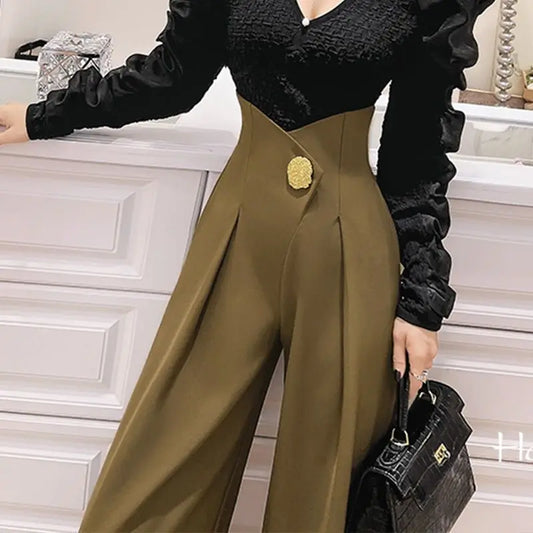 3D Decor Spliced Wide Leg Waist Ladies Pants