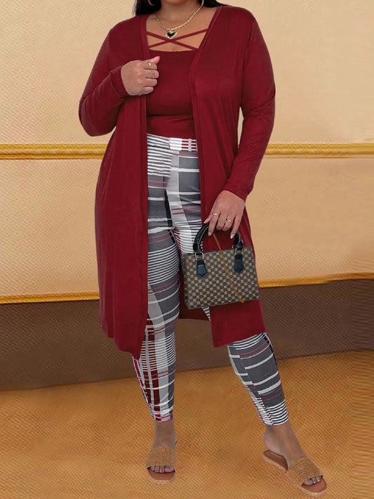 Plus Size Women Slim Printed 3 piece set Autumn Elegant Solid Tank Long Sleeve Cardigan+Plaid Tights Christmas Outfits for Women