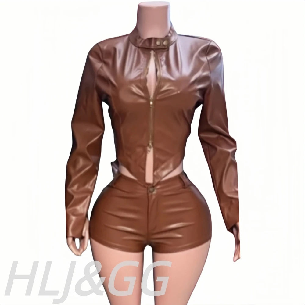 PU Leather Cropped Women's Zipper Biker Jacket + Mini Shorts 2-Piece Set