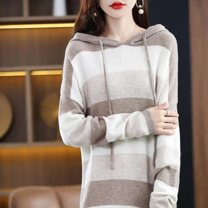 Striped Crochet Knit Long Sleeve Women's Colorblock Hooded Maxi Retro Sweater Dress