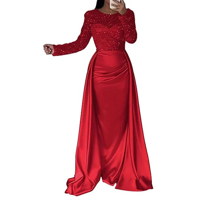 Lace Satin Crystal Sequin Patchwork O-Neck Long Sleeve Draped Pleated Solid Color Long Sleeve Formal Maxi Floor-Length Party Dress