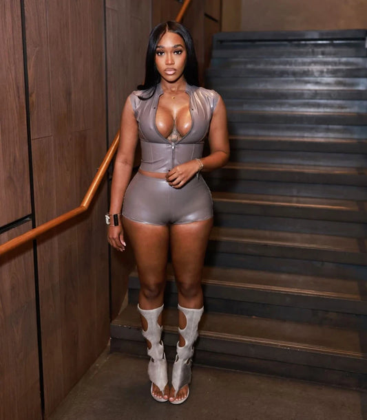 Metallic Silver PU Leather Zipper Crop Top + Bodycon Mini Shorts Women's 2-Piece Set