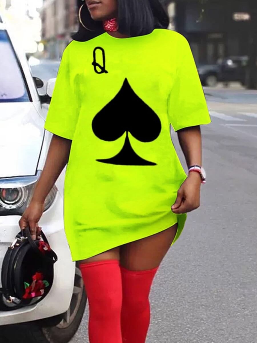 Queen Playing Card O-Neck Print T-Shirt Mini Dress