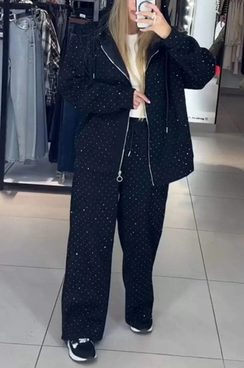 Sequin Polka Dot Embellished Women's Hoodie Sweatshirt + Wide Leg Sweatpants Tracksuit