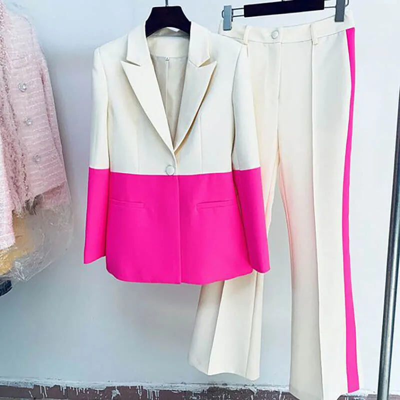 Colorblock Single Breasted Women's Blazer Jacket + Flared Leg Pants Suit
