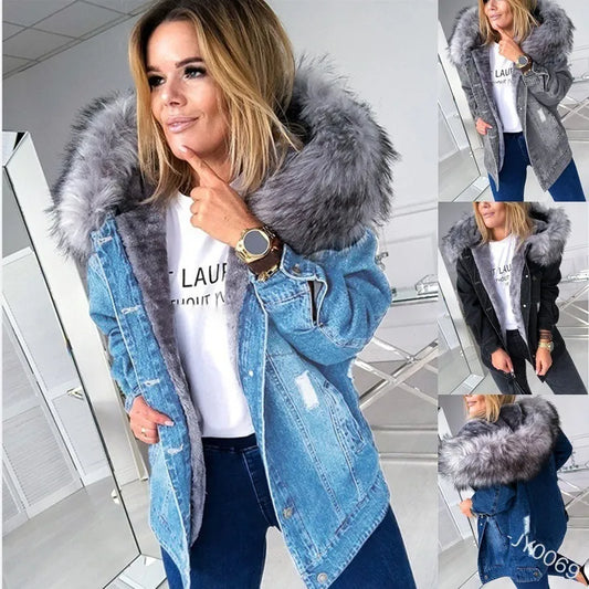 Hooded Ladies Faux Fur Collar Denim Jean Jacket