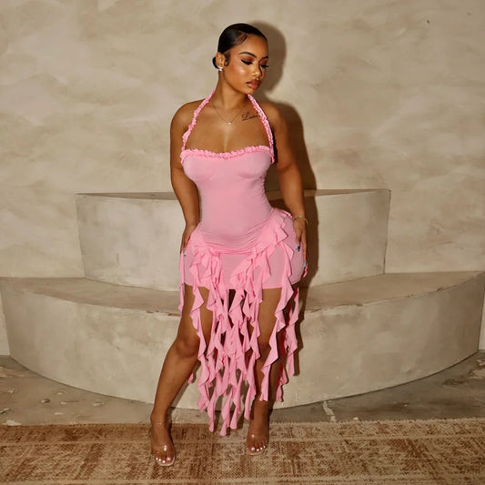 Sleeveless Strapless Halter Strap Streetwear Fringe Hanging Tassel Design  Dress
