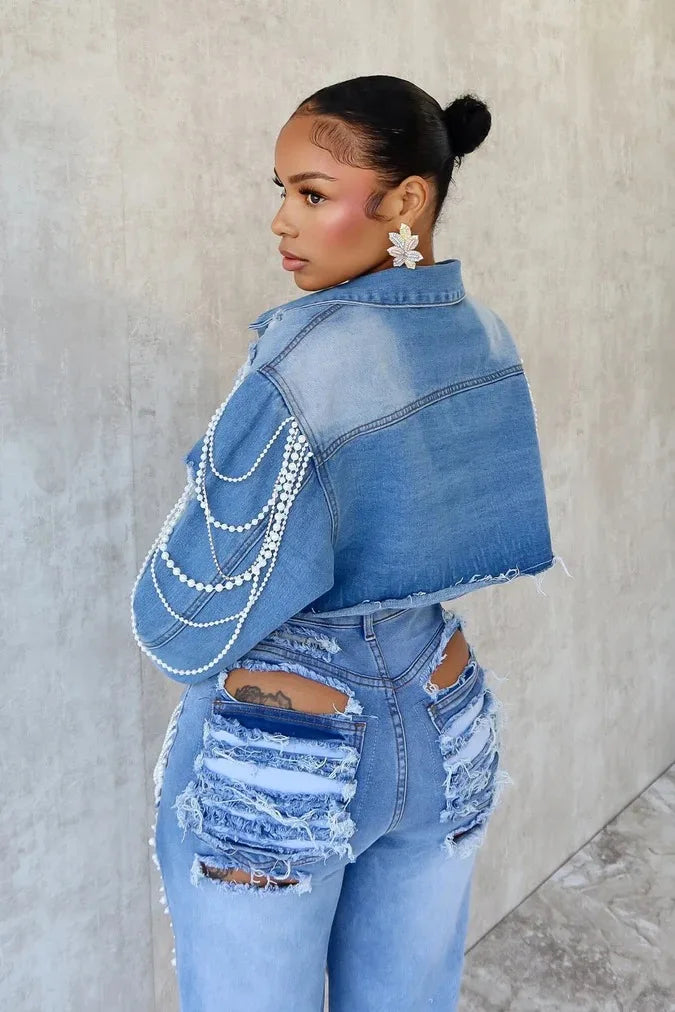 Denim Pearl Tassel Chain Embroidered Long Sleeve Women’s Turn-Down Collar Western Rodeo Jean Jacket OR Jeans-SOLD AS SEPERATES