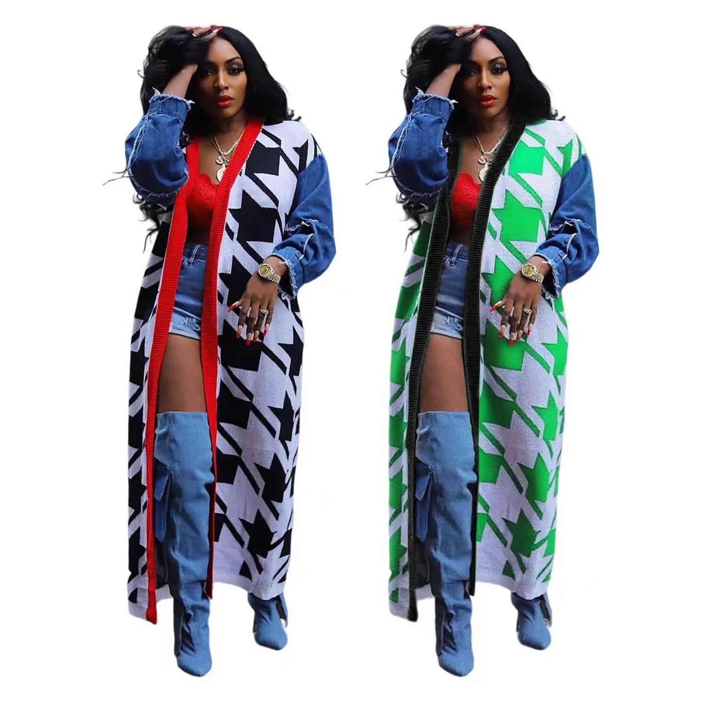 Houndstooth Colorblock Irregular Contrast Knitted Open Stitch Women's Maxi Cardigan Sweater