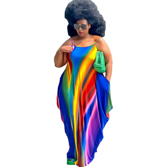 Rainbow Striped Colorblock Ruched Ruffled Sleeveless Print Harem Maxi Dress to 5X Plus Size