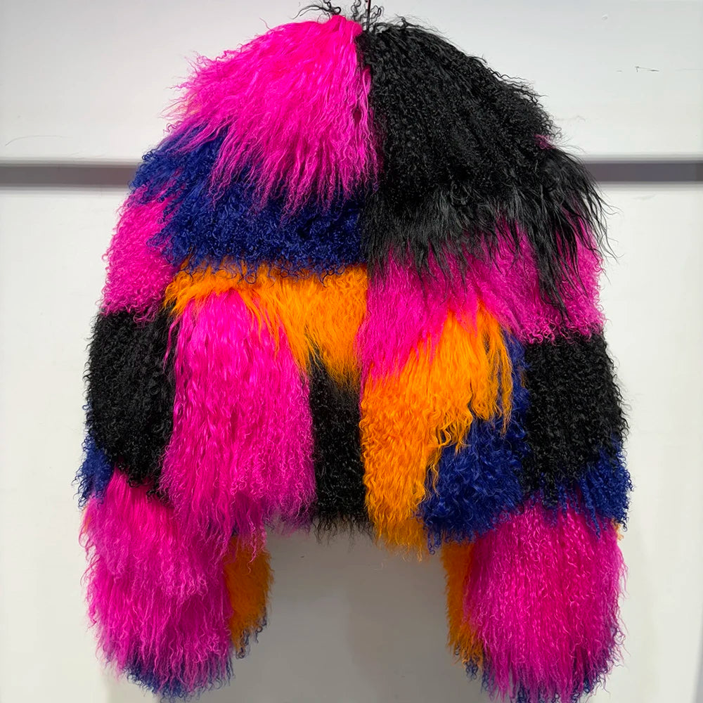 Shaggy Mongolia Sheep Fur Oversized Collar Women's Jacket to 8X Plus Size