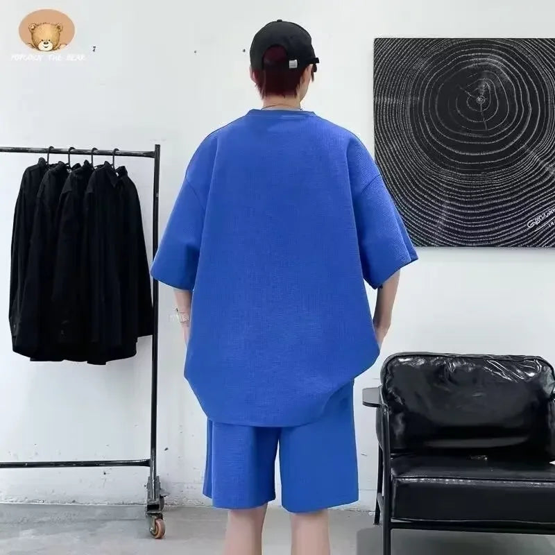 Men's Teddy Bear 3D Embroidered Design Streetwear Hip-Hop Short Sleeve T-Shirt + Drawstring Shorts 2 Piece Set