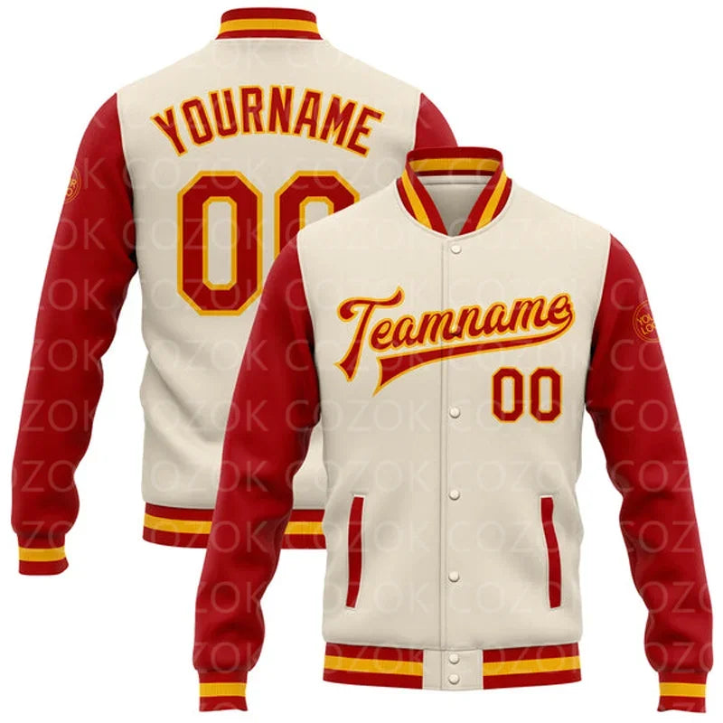 Unisex Customized White/Off White 3D Logo/Team Name Letter Print Baseball Button-Up Varsity Letterman's Bomber Jacket