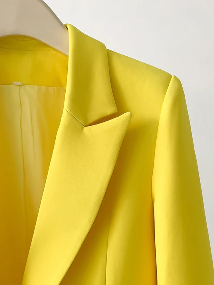 Yellow/Purple Designer Women's Single Button Feather Embellished Notched Collar Pocketed Blazer Jacket