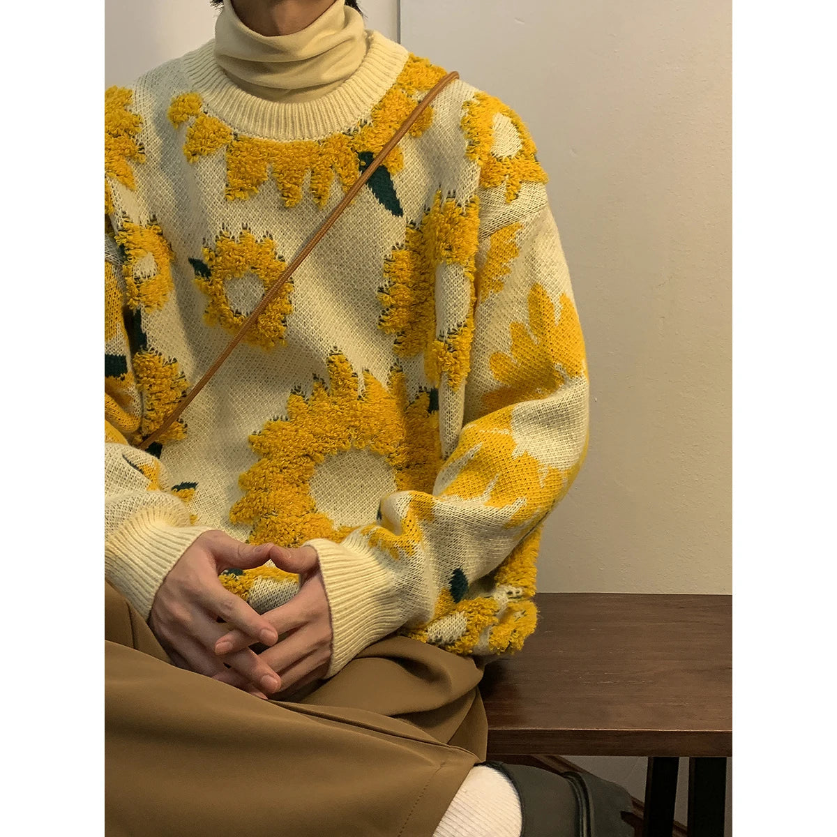 Unisex Sunflower O-Neck Pullover Loose Knitted Sweater