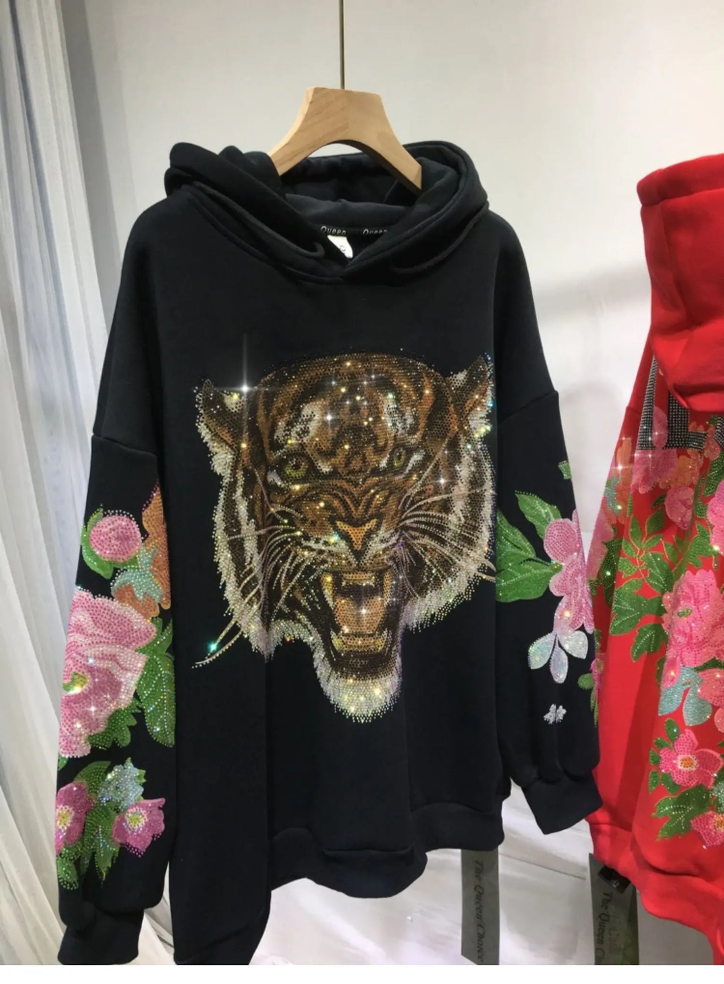 Sparkling 3D Rhinestone Fleece Padded Women's Leopard Tiger Hoodie Sweatshirt