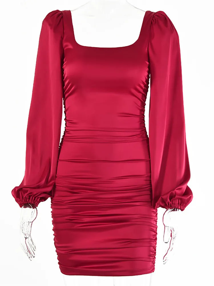 Red Satin Puff Sleeve Ruched Square Collar Dress