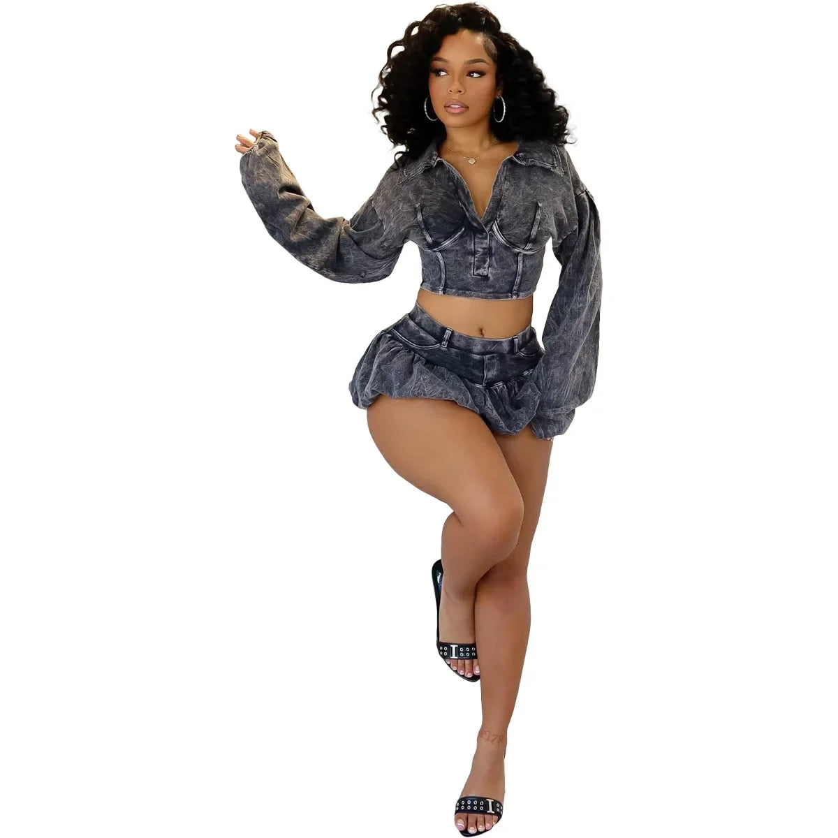 Acid Washed Distressed Women's Long Sleeve V-Neck Turn-Down Collar Cami Pullover Crop Top + Mini Ruffled Jean Skirt 2-Piece Set