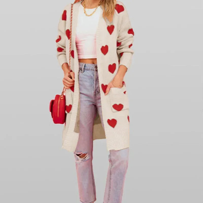 Heart Print Women's Knitted Long Sleeve Maxi Cardigan Sweater