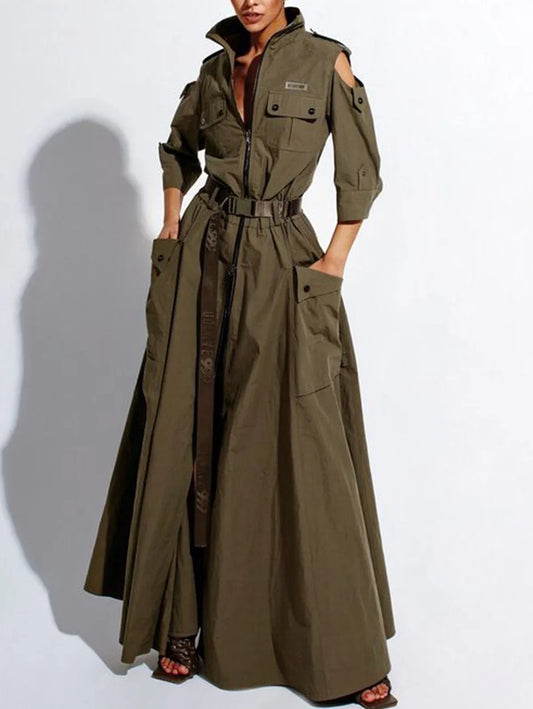 Retro Cargo Pocketed Turn-Down Collar Cut-Out Shoulder 1/2 Sleeve Zipper High Slit Flared Wide Maxi Dress