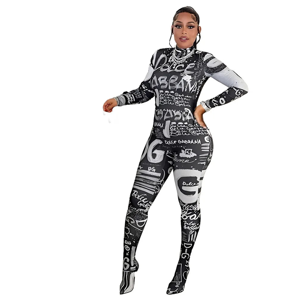 Grafitti Black/White Turtleneck Zipper Long Sleeve Bodycon Jumpsuit