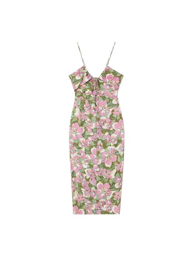 Pink/Green Flower Printed Slip Corset Midi Backless Dress