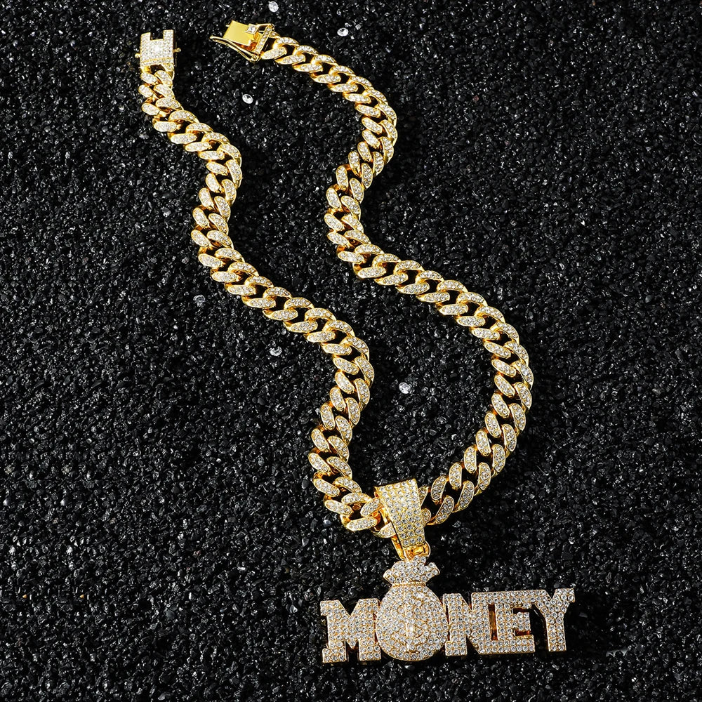 "Money" Iced Out Bling Rhinestone Chain Money Bag Dollar Sign Chain Necklace