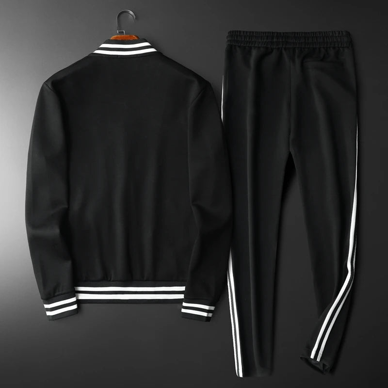 Men's Side Striped Embroidered Stand Collar Sports Bomber Jacket + Drawstring Sweatpants Skinny Tracksuit