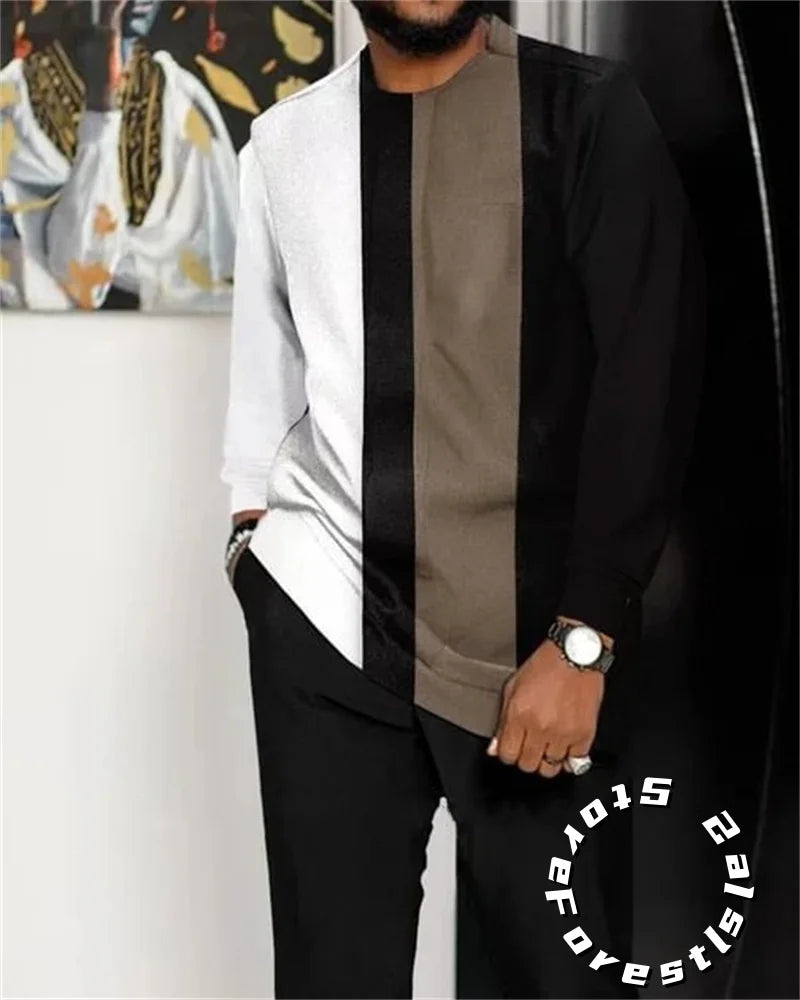 Men's O-Neck Colorblock Striped/African Print Long Sleeve Dress Shirt + Pants 2-Piece Suit to 4X Big & Tall