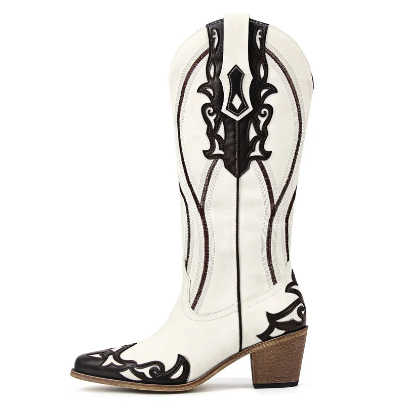 Western Flower Embroidered Women's Pointed Toe Side Zipper Chunky Heel Cowgirl Boots