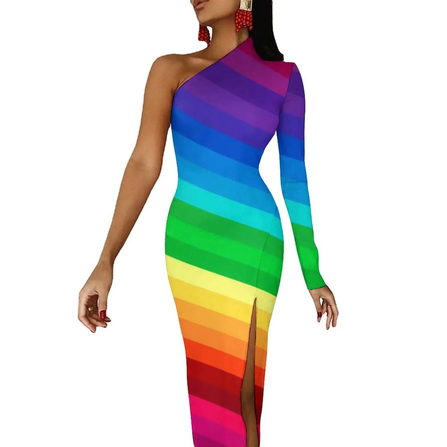 Striped/Rainbow Striped/American Flag Print One Sleeve Asymmetrical Bodycon Midi Dresses