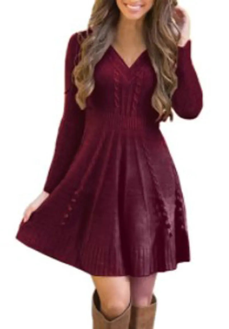 Vintage Solid Color V-Neck Long Sleeve Loose Flared Hem Midi Sweater Dress