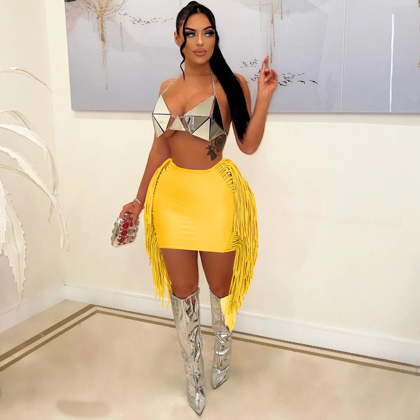 Hanging Fringe Tassel Design Bodycon Women's Solid Color Mini Skirts