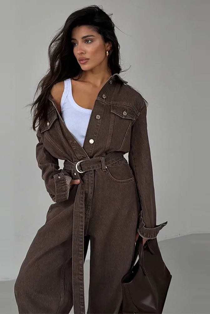 Denim Women's Button Front Turn-Down Collar Lace-Up Long Sleeve Wide Leg Streetwear Jumpsuit