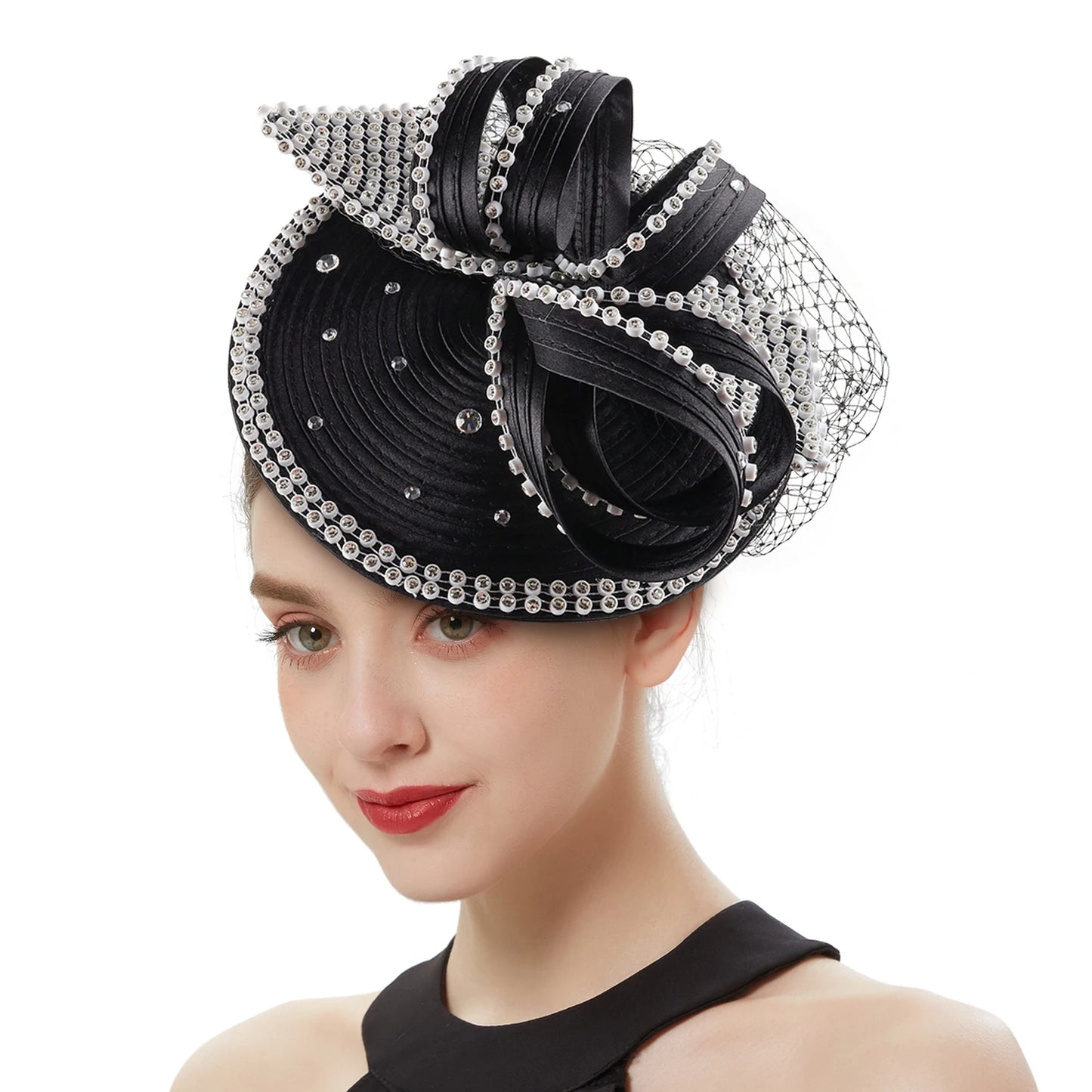 Satin Rhinestone Big Bow Detail Slanted Women's Church/Bridal/Derby Fedora Hat