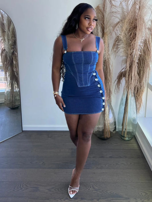 Denim Women's Bodycon Sleeveless Corset Crop Tank Top +  Button Design Mini Jean Skirt 2-Piece Set