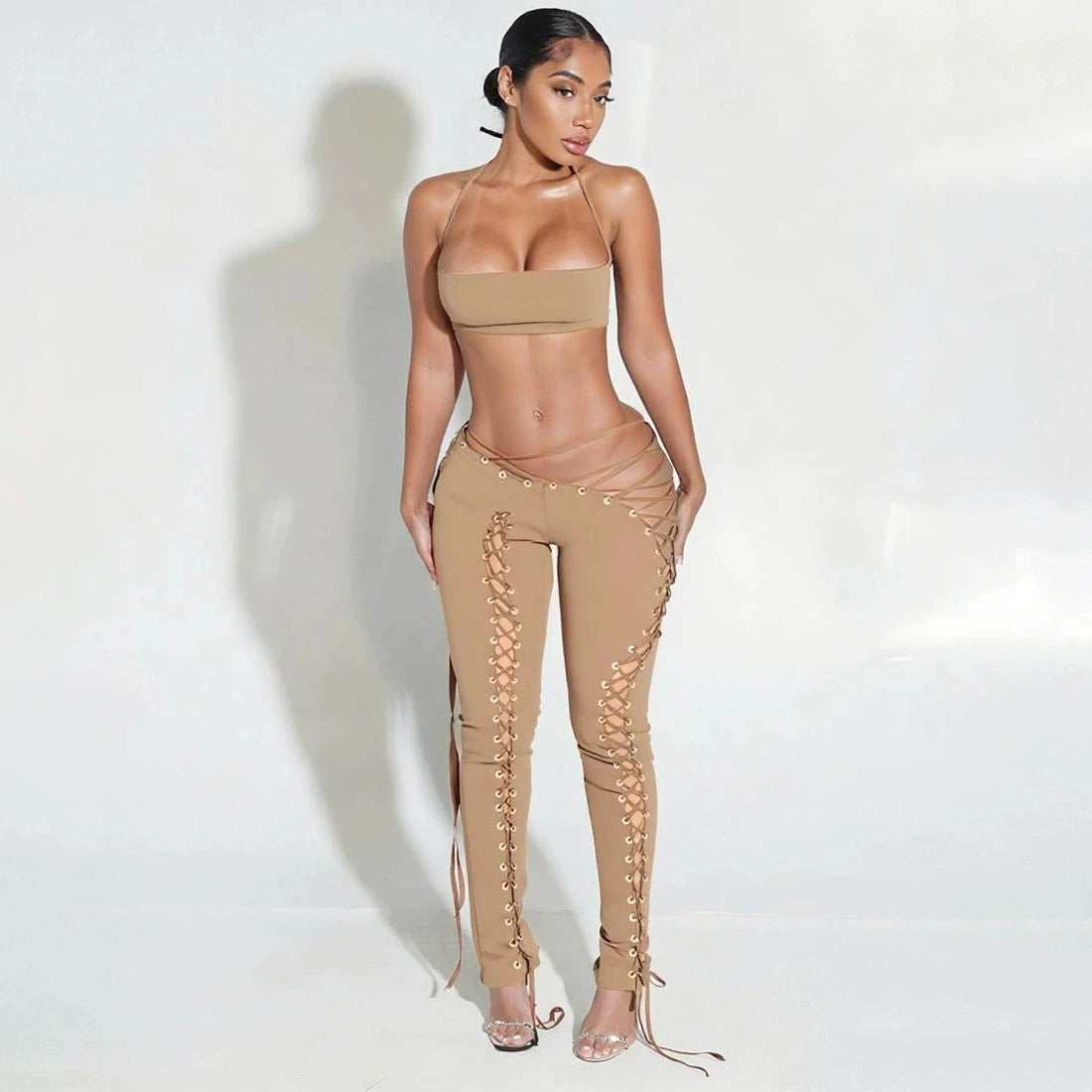 Sexy Women's Sleeveless Crop Tank Top + Criss-Cross Lace-Up Hollow-Out Bandage Leggings 2-Piece Set