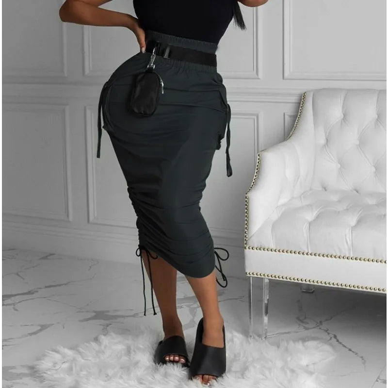 Cargo High Waist Pleated Tie-Up Pocket Pencil Solid Color Skinny Midi Skirt