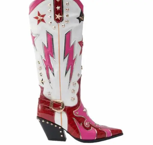 White/Pink/Burgundy Leather Western Women's Pointed Toe Metallic Star Lightning Bolt Stud Design Block Heel Knee High Cowgirl Rodeo Boots