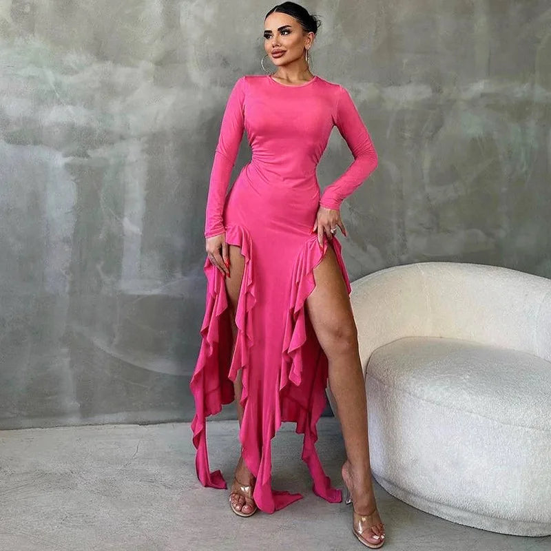 Tassel Fringe Ruffled Solid Color Long Sleeve High Slit Dress