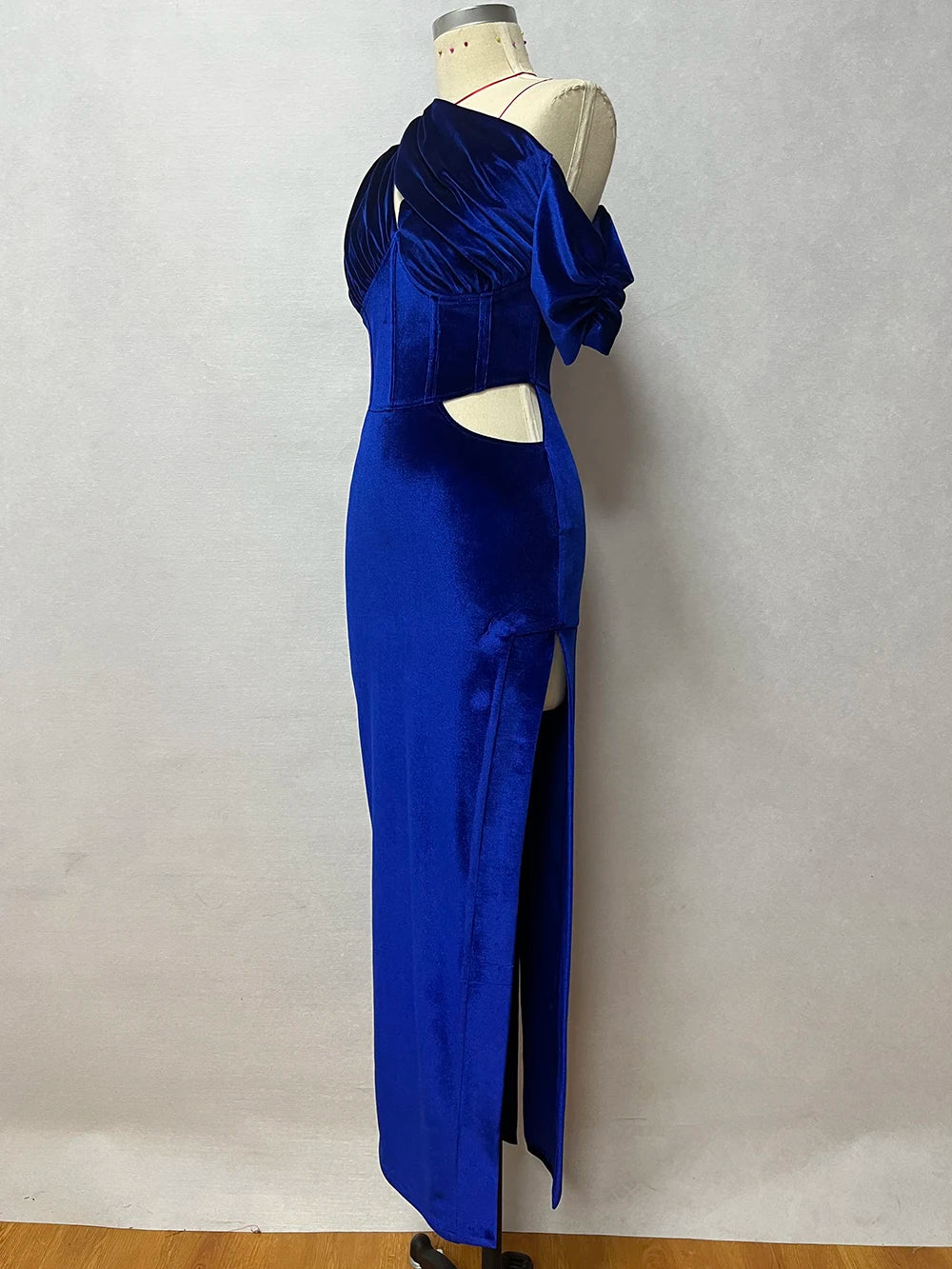 Navy Blue Velvet Diagonal Collar Corset High Slit Solid Party/Prom Formal Maxi Dress