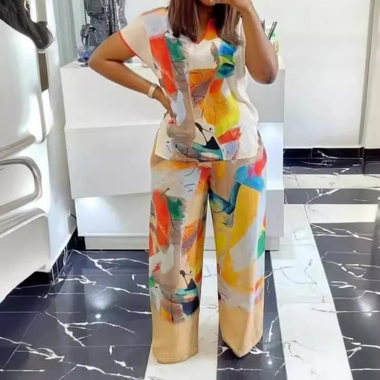 Geometric Satin Multi-Colored Short Sleeve Blouse + Loose Pants 2-Piece Set to 5X Plus Size