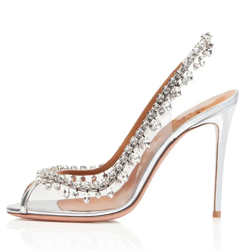 PVC Transparent Rhinestone Chain Detail Fish Mouth Transparent Stiletto Heel Slingback Formal Bridal/Party Pumps