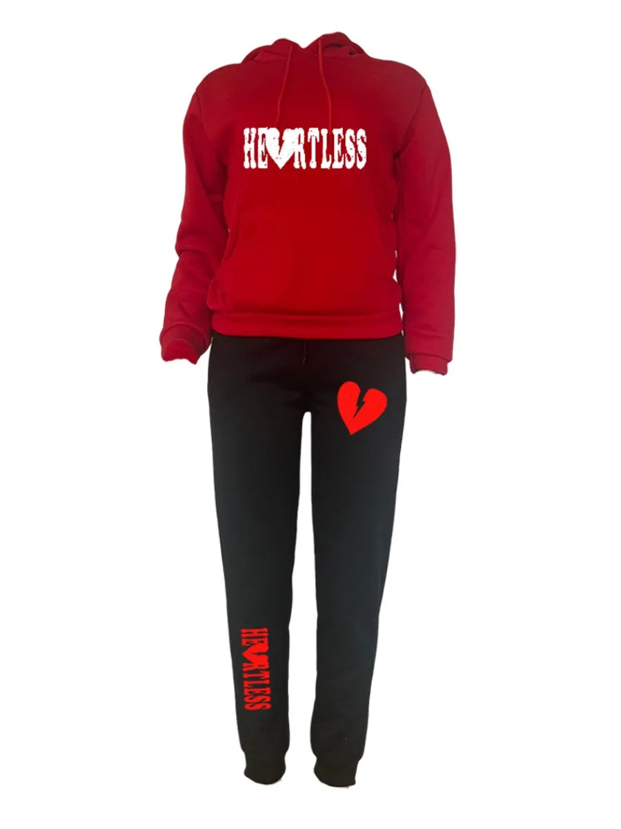 "Heartless" Heart Print Kangaroo Pocket Long Sleeve Hoodie + Sweatpants Ladies Tracksuit