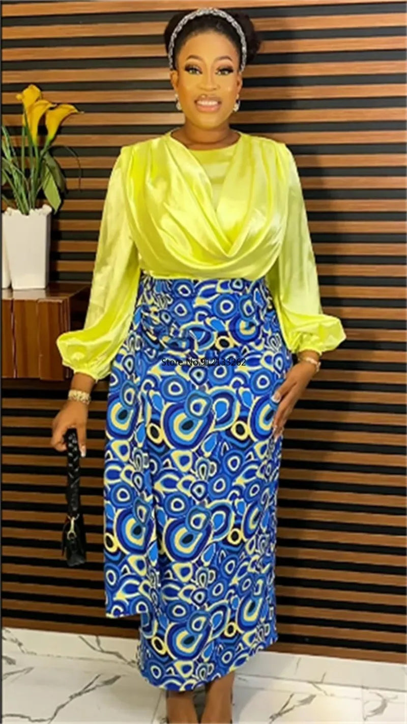 Pleated Ruched Satin Long Sleeve Blouse + African Print Maxi Skirt 2-Piece Set to 3X