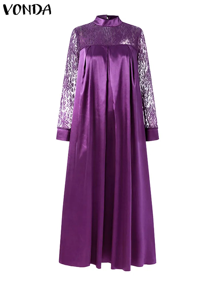 Satin Lace Long Sleeve Stand Collar Oversized Maxi Dress to 5X